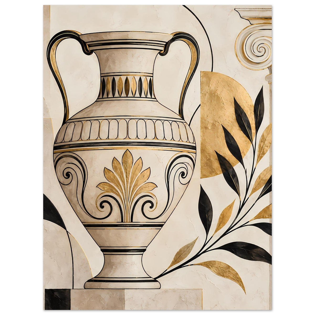 Wandposter mit Amphore im Vintage-Look und gold-schwarzen Blattmustern rechts