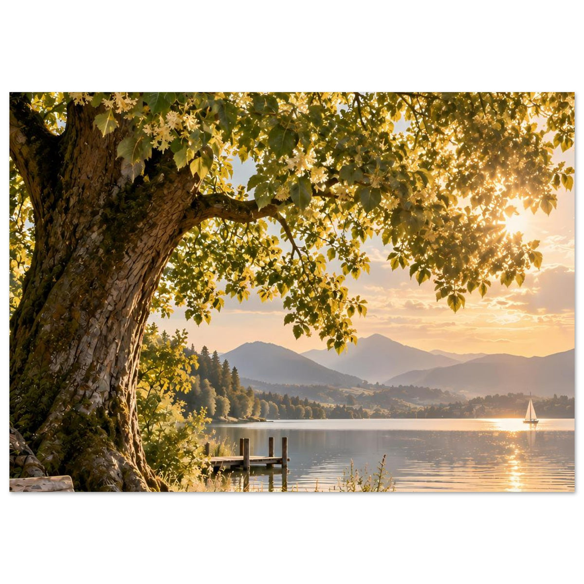 Naturposter: Baumkrone über See, Steg im Wasser, Berge und warmes Abendlicht