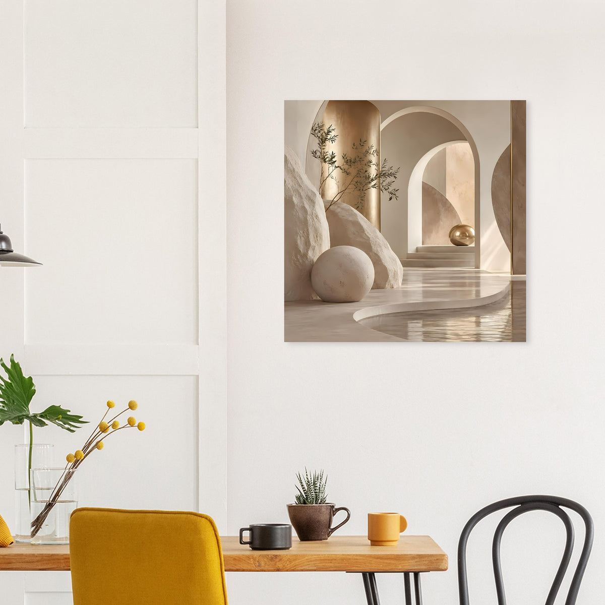 Architekturposter in warmen Sand- und Goldtönen mit Rundbogen, Pflanzenzweigen und Kugel