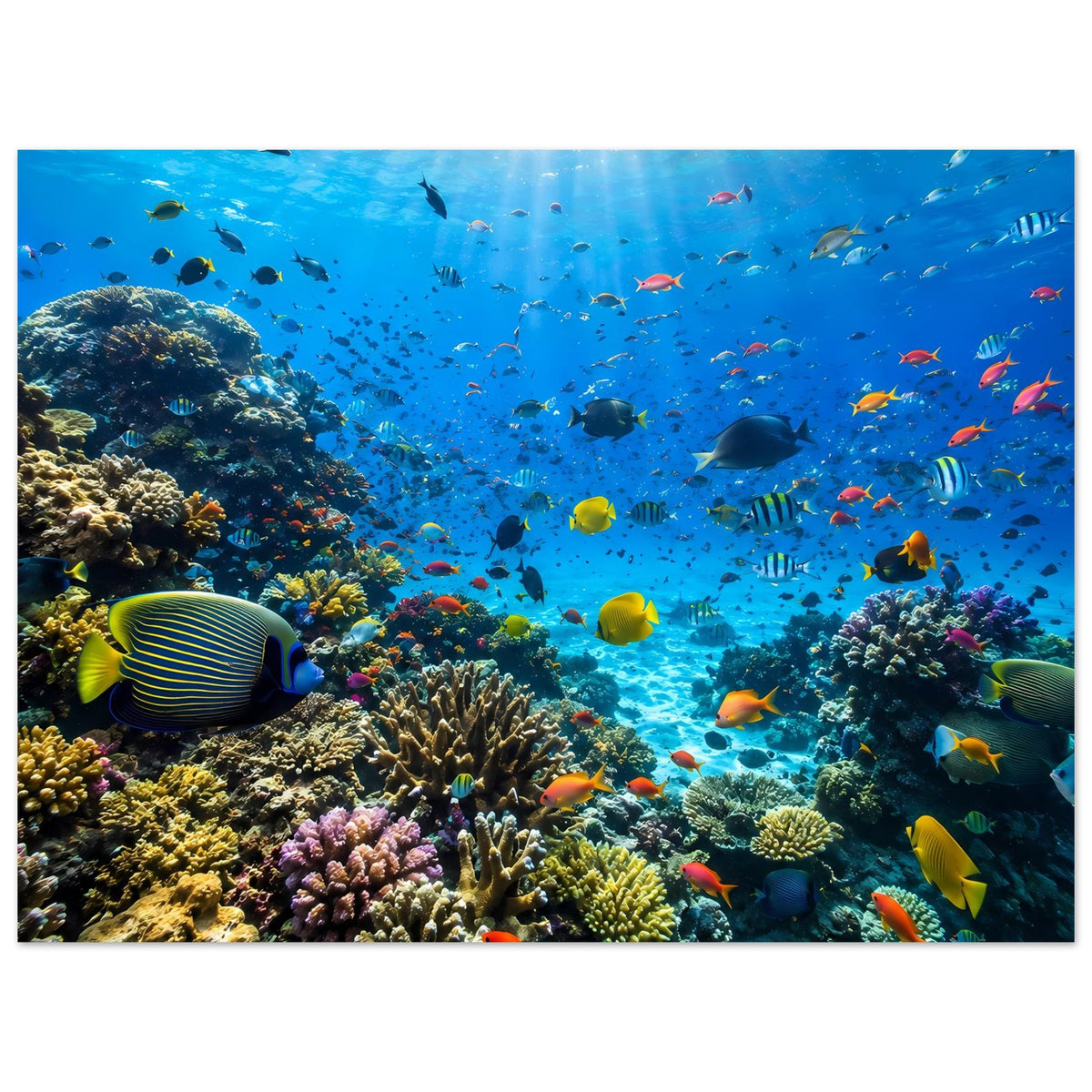 Korallenriff-Poster im Querformat: farbige Korallenriffe und tropische Fische im blauen Wasser.