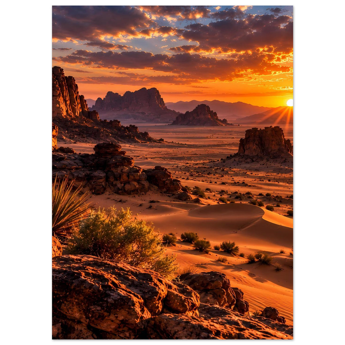 Vertikales Poster: Wüstenszene mit Dünen, Felsen und orangefarbenem Himmel beim Sonnenuntergang