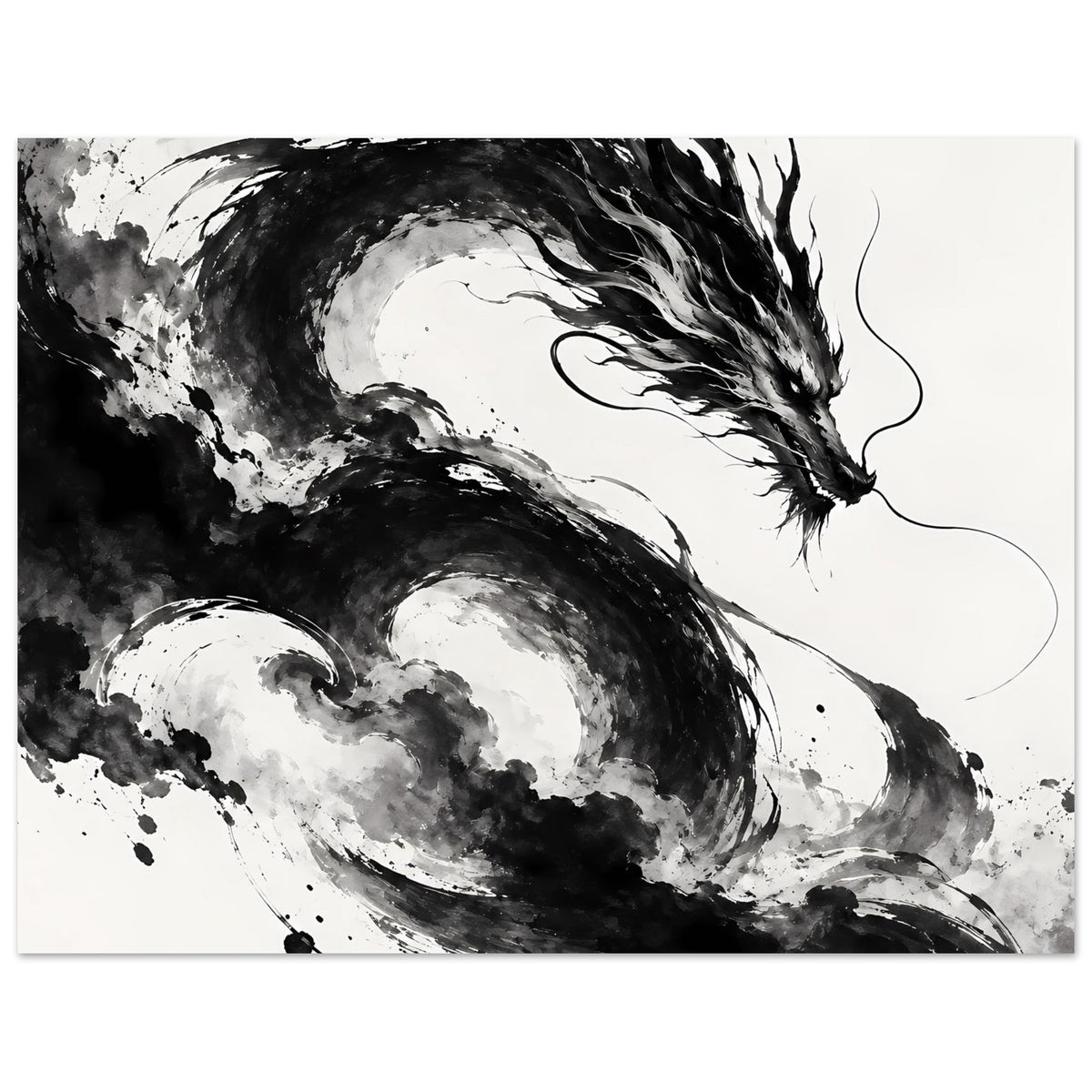 Poster im Querformat mit dynamischem Drachen in Schwarz-Weiß, schwarze Sprenkel und Linien