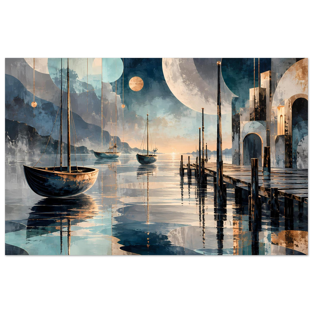 Horizontales Wandposter mit Mond, Segelbooten und Steg am stillen Hafen, Spiegelung