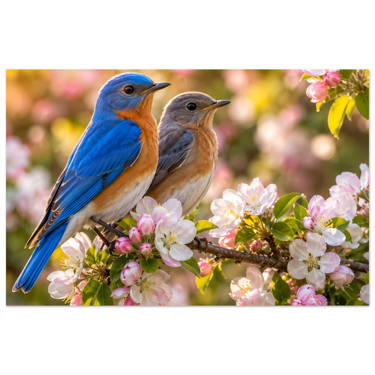 Vogelmotiv-Poster im Querformat: zwei Vögel auf Ast mit rosa-weißen Blüten und grünen Blättern