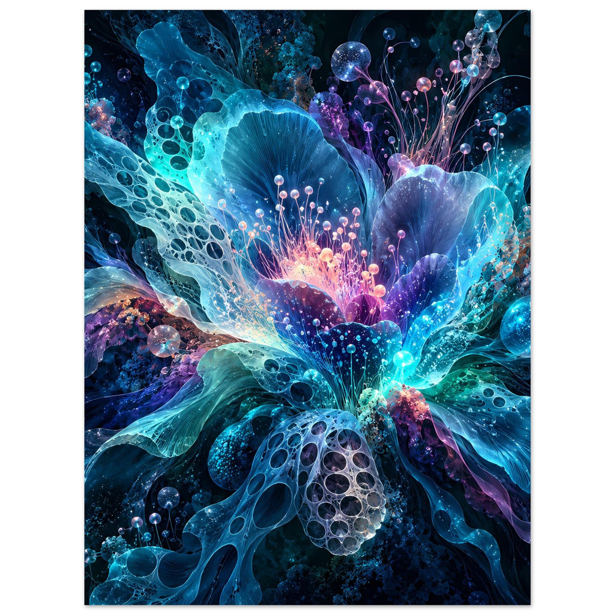 Hochformatiges Blumenposter: leuchtende blaue Blüten mit violetten Lichtspitzen und Partikeln