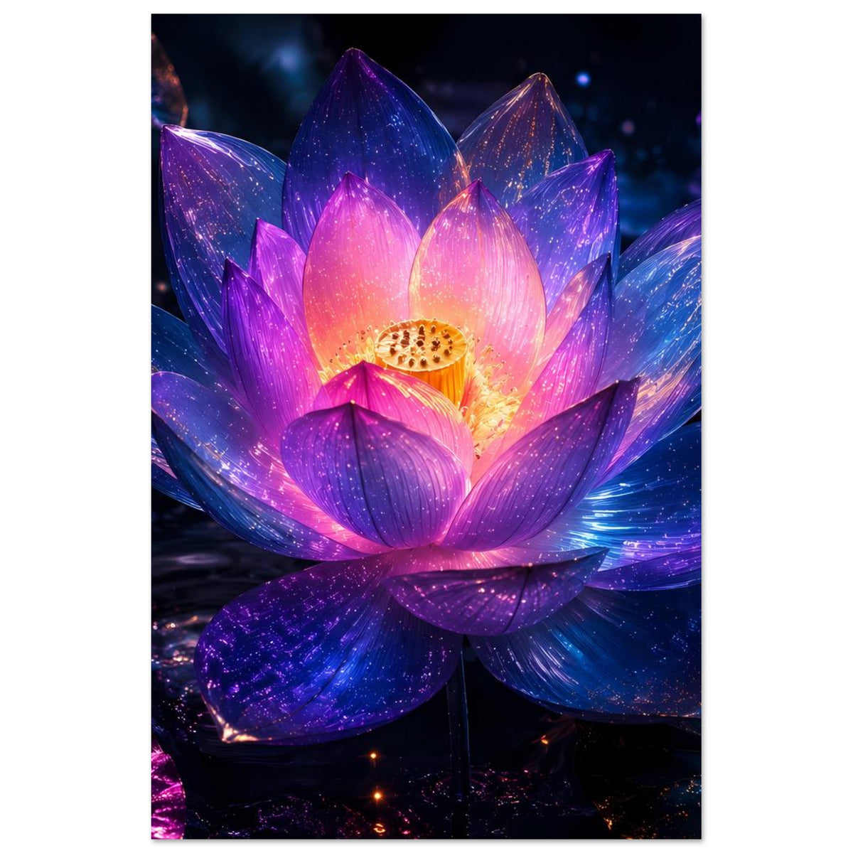 Poster mit leuchtender Lotusblume, farbintensive violette und blaue Blütenblätter