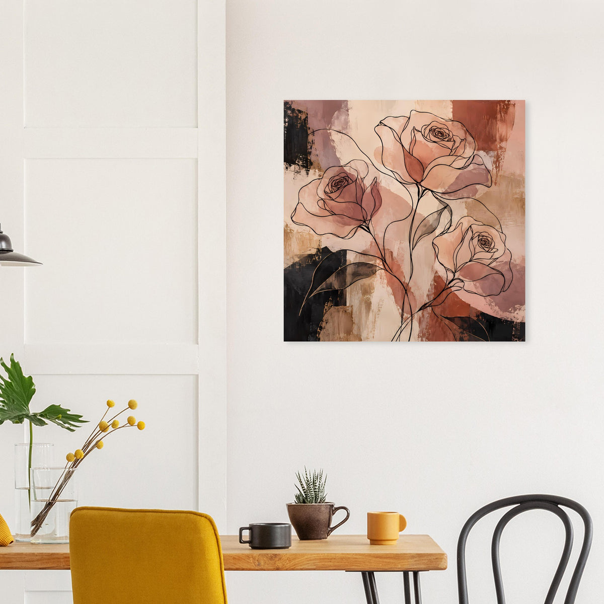 Abstraktes Rosenlinienkunst-Poster mit drei bis vier Rosen in Erdtönen