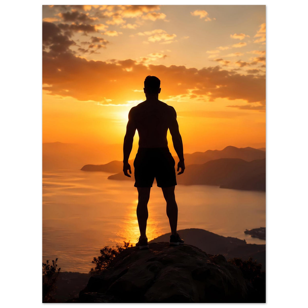 Vertikales Poster, zentrale Silhouette eines Mannes vor goldenem Sonnenuntergang