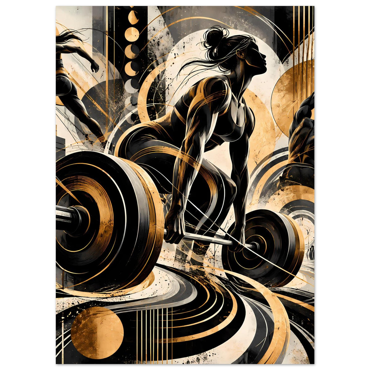 Fitness-Action-Poster mit zentraler Frauen-Silhouette und Hantelgewichten, Gold-Schwarz-Design