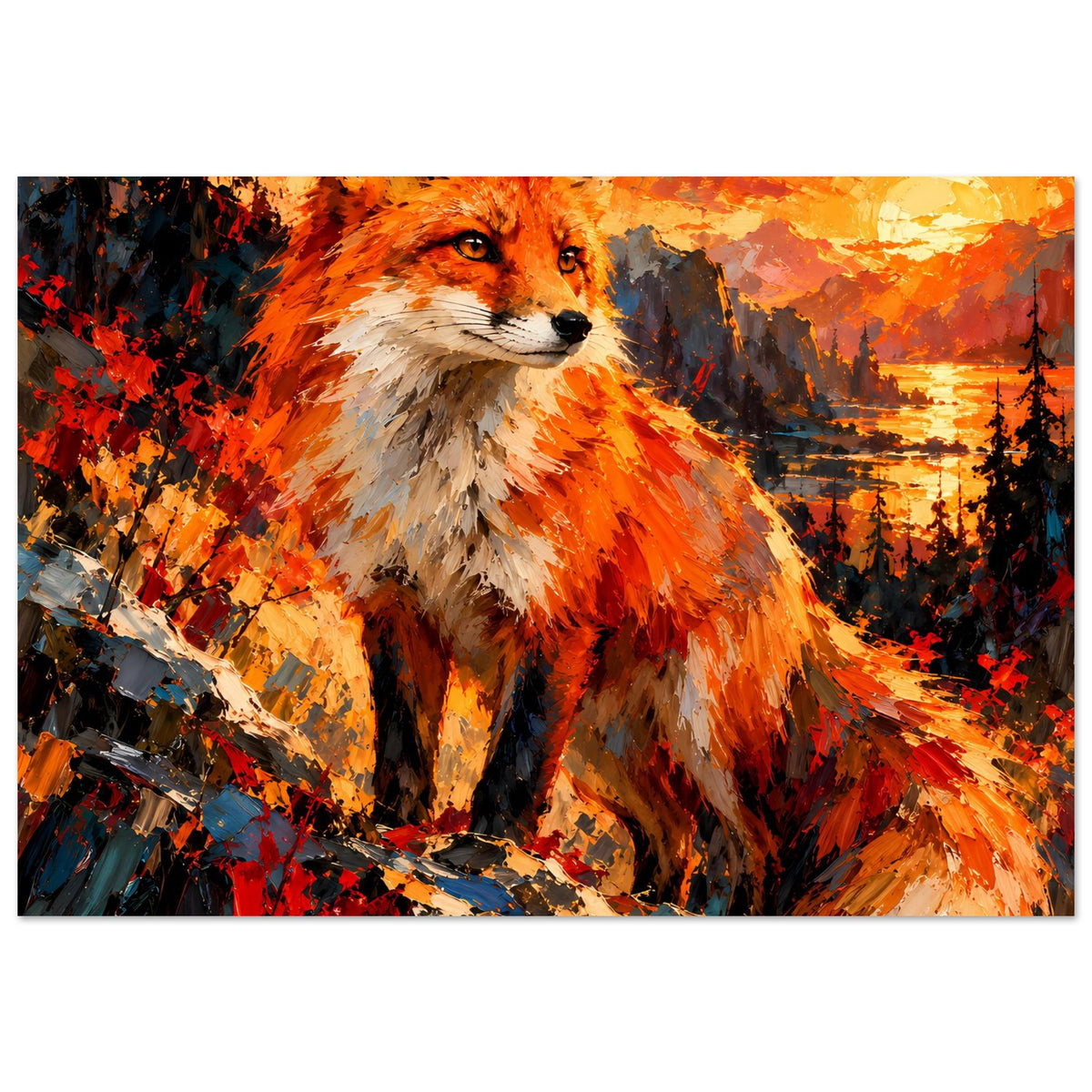 Poster mit Fuchs-Porträt, Gesicht zentriert, orangefarbene Fellstruktur, Landschaft im Bild