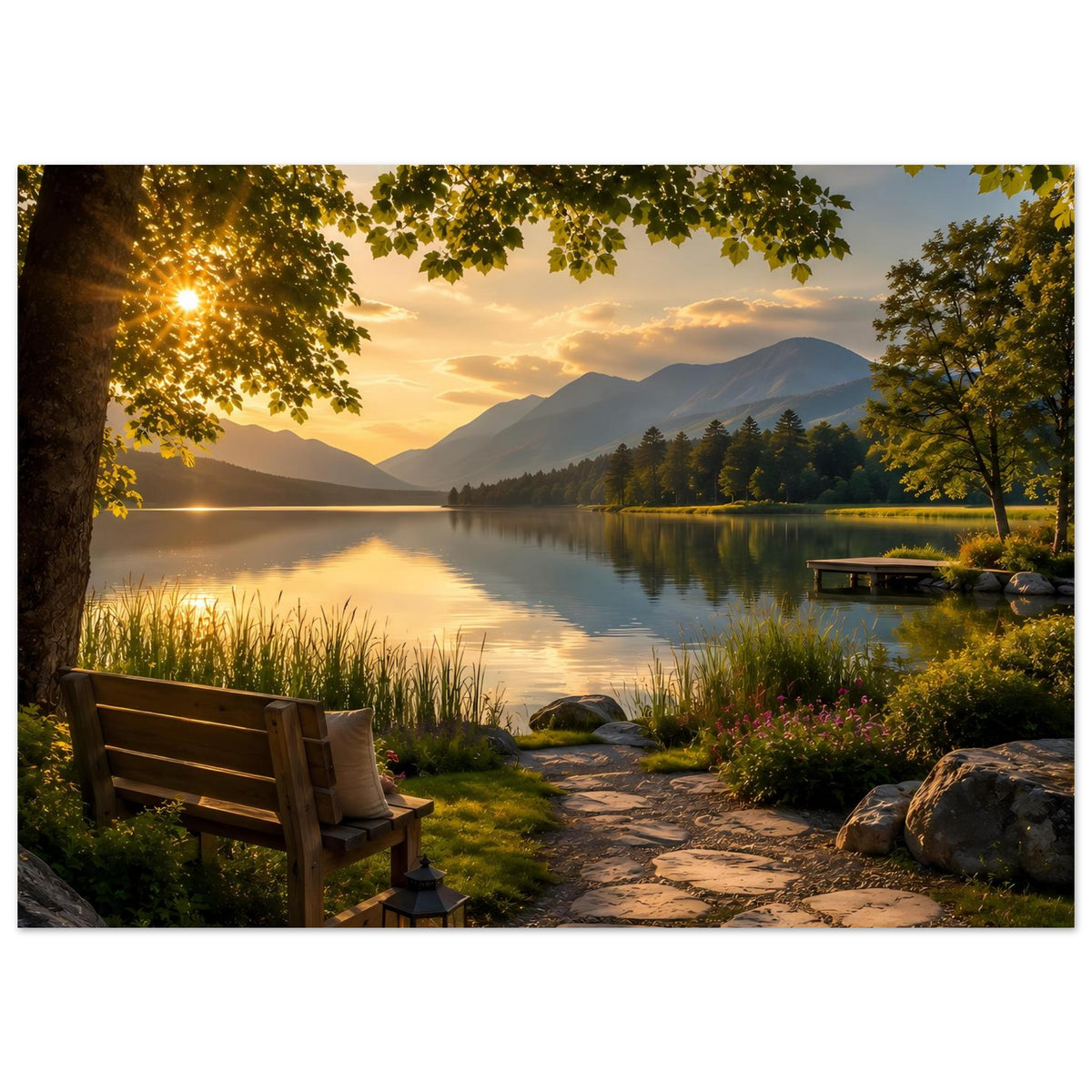 Poster Landschaft: Sonnenuntergang am See mit Holzbank, Uferweg, Laterne und Steg rechts.