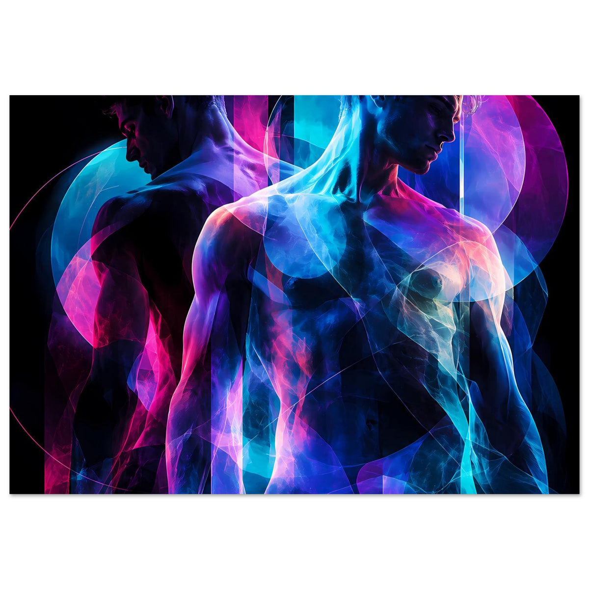 Horizontales Kunstposter mit neonblauen und pinken abstrakten Körper-Silhouetten