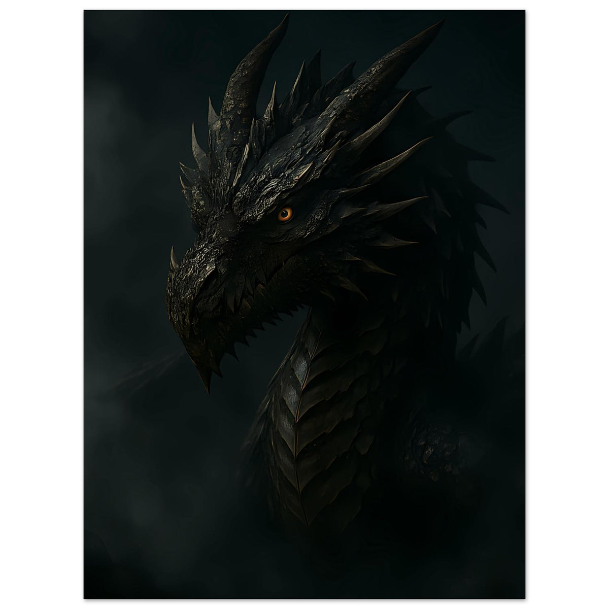 Fantasy-Poster mit schwarzem Drachenkopf und orangefarbenem Auge