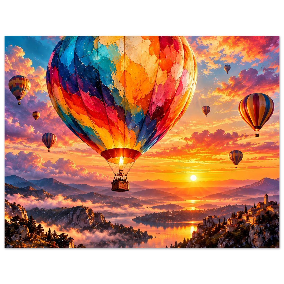 Poster mit buntem Heißluftballon über Sonnenuntergangslicht, mehrere Ballons im Bild.