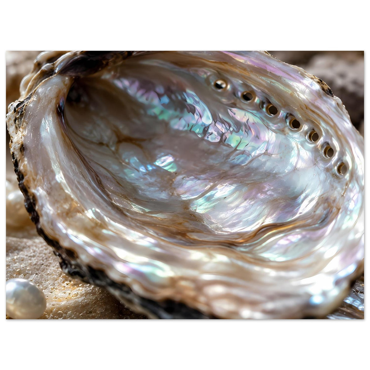 Maritimes Poster: Abalone-Muschel mit Perlmuttglanz und kleinen Perlen am unteren Rand