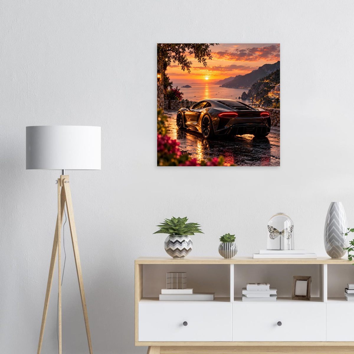 Kunstdruck Poster mit goldfarbenem Sportwagen in der Sunset-Szene, quadratischer Rahmen