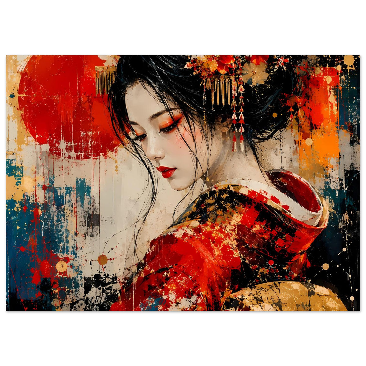 Japanisches Geisha-Poster mit rotem Kimono und Blumenhaarschmuck, blick nach unten