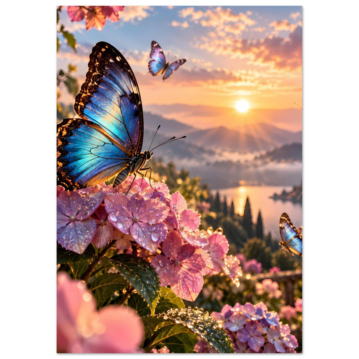 Poster mit blauen Schmetterlingen auf rosa Blüten, Sonnenuntergangslandschaft, vertikal