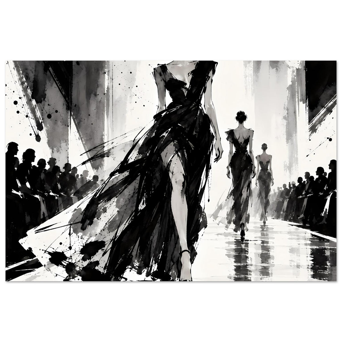 Mode-Illustrationsposter Schwarzweiß: große Silhouette und zwei weitere Figuren im Kleid