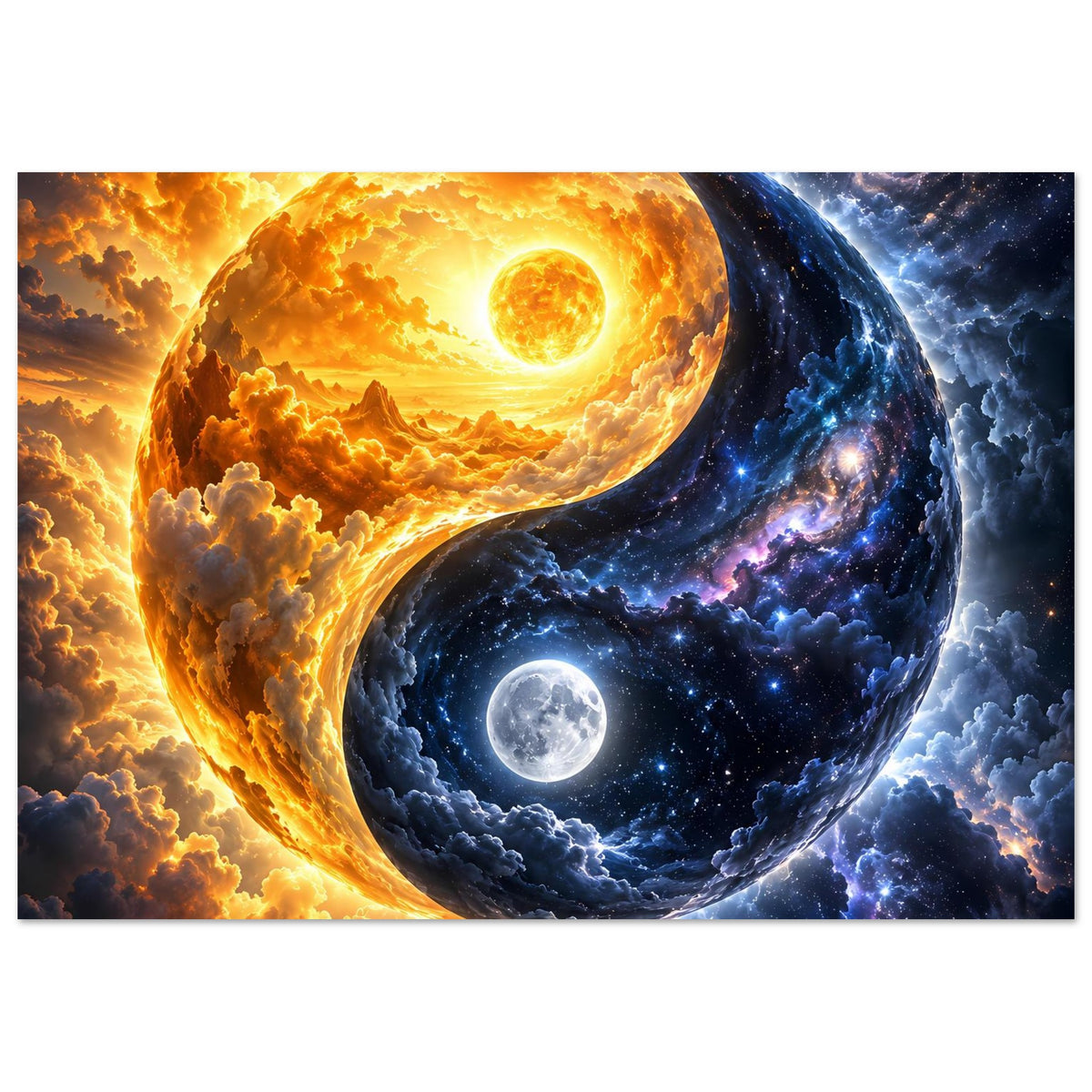 Poster im Querformat mit Yin-Yang-Motiv: orangefarbenes Licht links, blaues All rechts