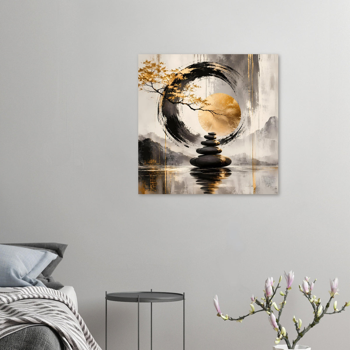 Kleines Kunstposter im Querformat mit gold-schwarzem Kreisbild und Steinsäule