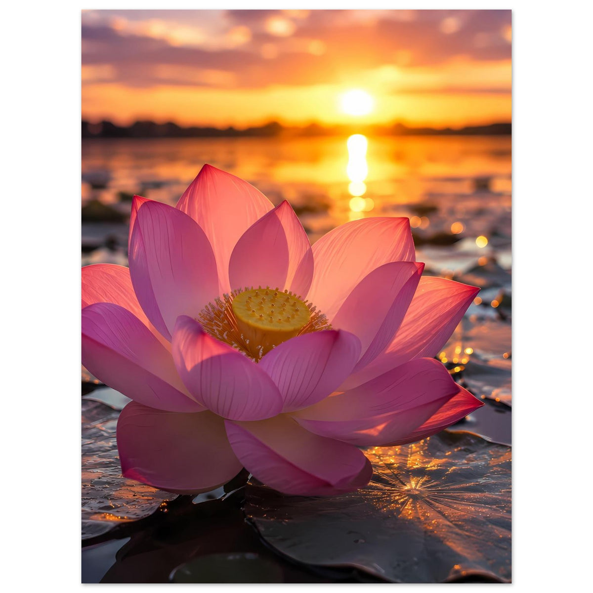 Lotusblüten-Poster im Hochformat: rosa-pinke Lotusblüte mit gelber Staubblüte