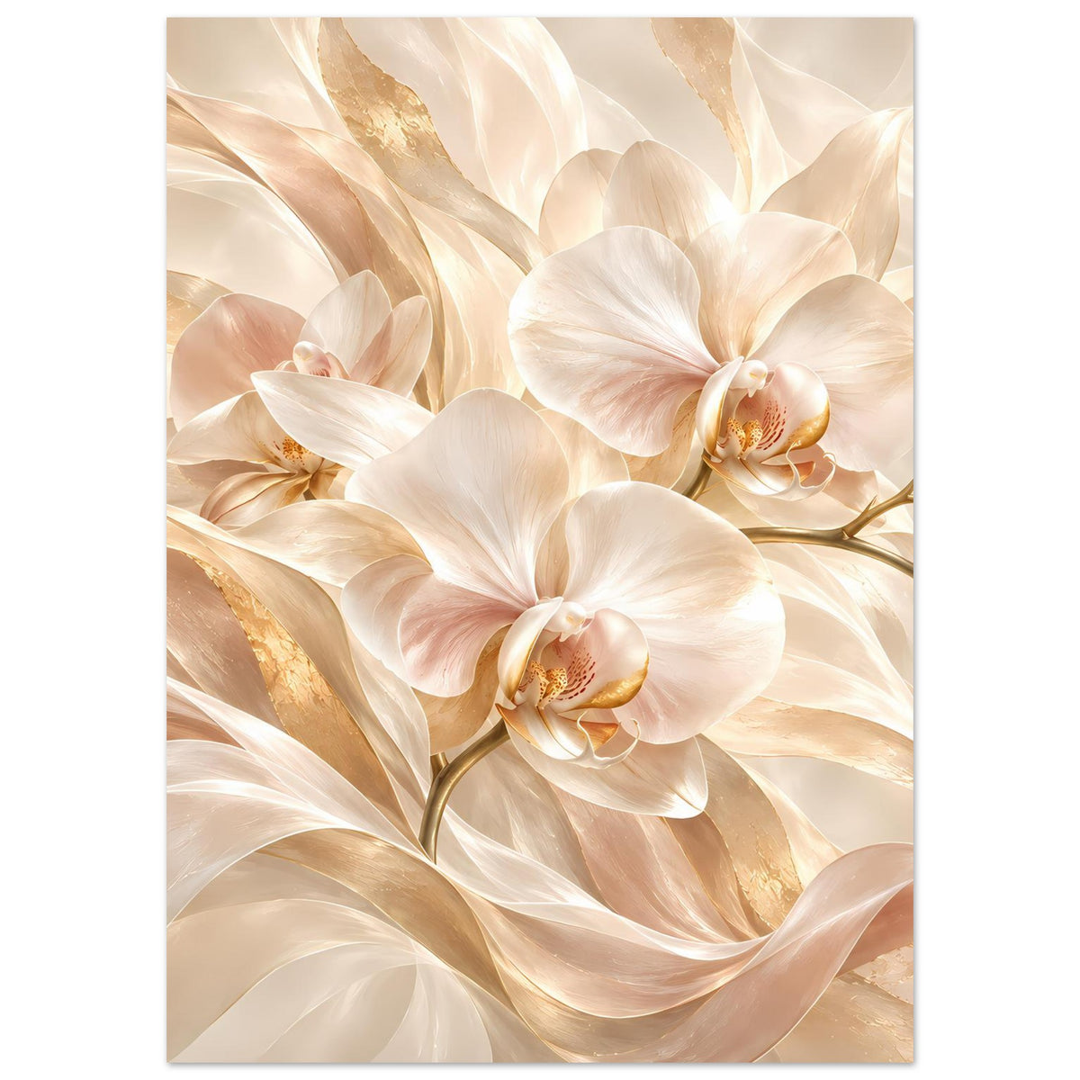 Orchideen-Poster im Hochformat mit großen weißen Orchideenblüten und goldenen Linien
