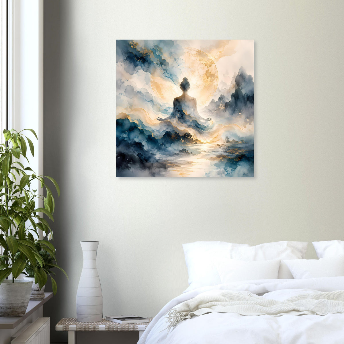 Quadratisches Poster mit Meditationsfigur, blauen Wolken und goldener Lichtöffnung