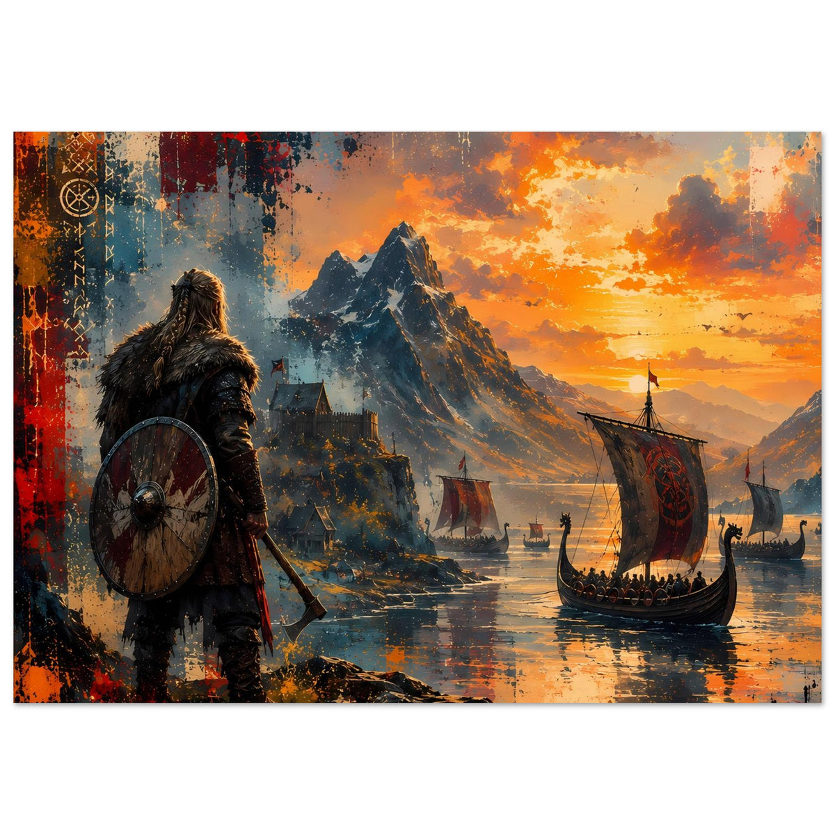 Viking-Saga Poster horizontal: Langboot mit Flagge, Wikingerkrieger links, warmes Abendlicht
