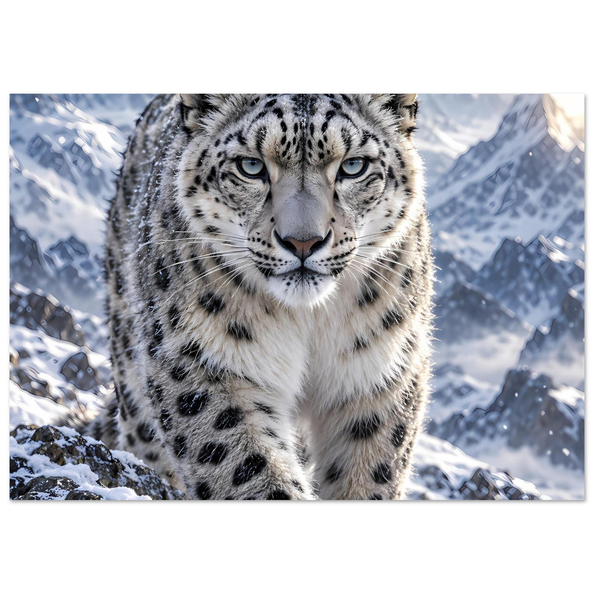 Poster mit Schneeleopard im Schnee, angeschnittenes Motiv mit Blick auf Augen