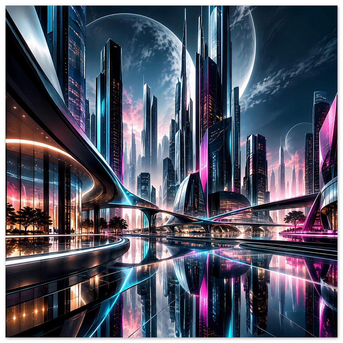 Neon-Stadtposter mit Panorama-Skyline, Neonrampen, Mondsichel und spiegelndem Licht
