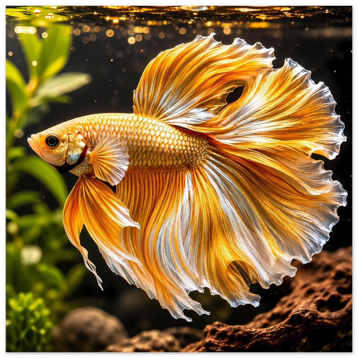 Poster mit goldfarbenem Betta-Kampffisch, gefächerter Schwanz und glänzendem Körper