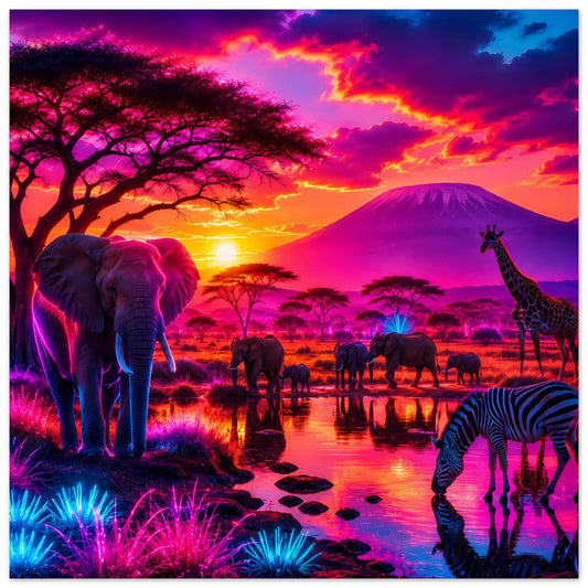 Quadratisches Poster mit Elefanten, Giraffe und Zebras an einer Wasserstelle im Sonnenuntergang