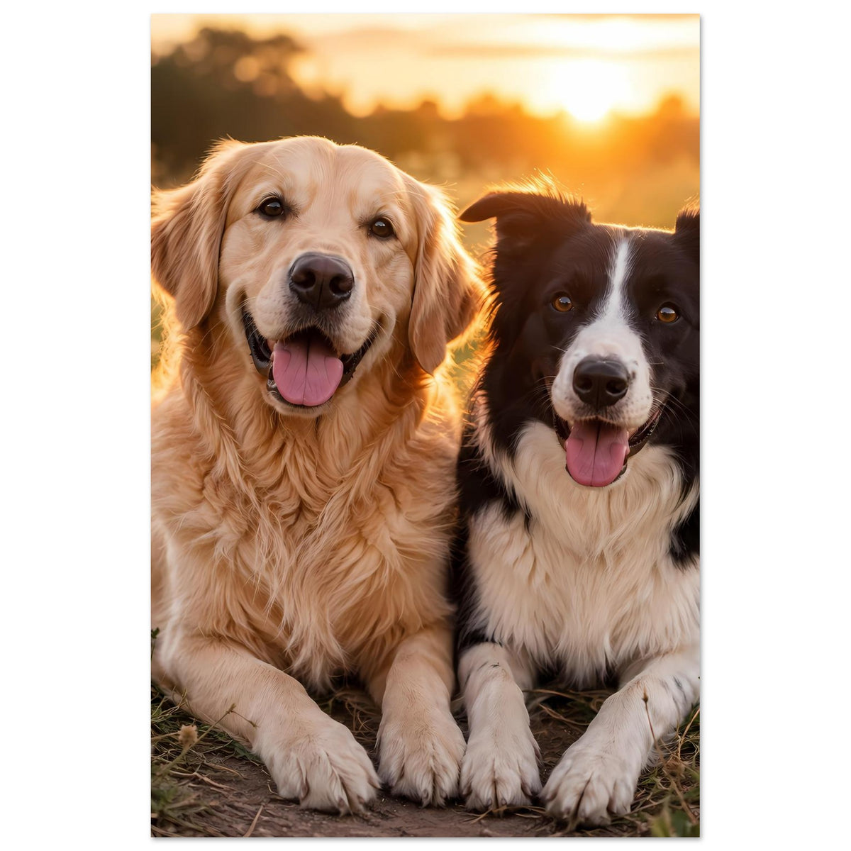 Poster mit zwei Hunden: golden links, schwarz-weiß rechts, beide mit Zunge