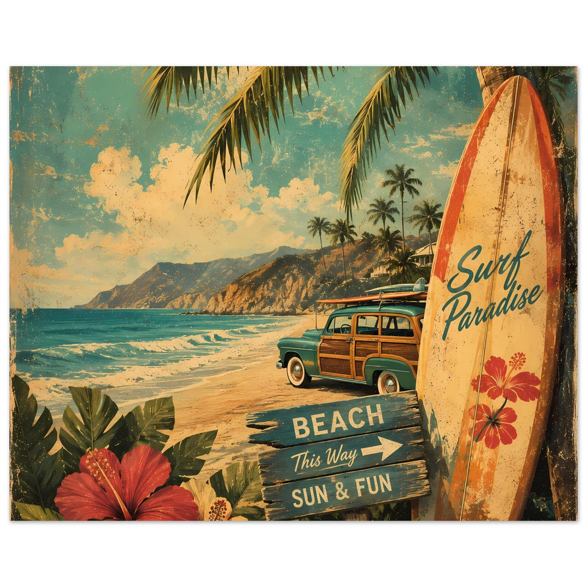 Vintage Strandposter mit Surfbrett und „Surf Paradise“; Bus, Palmen, Schild „BEACH“
