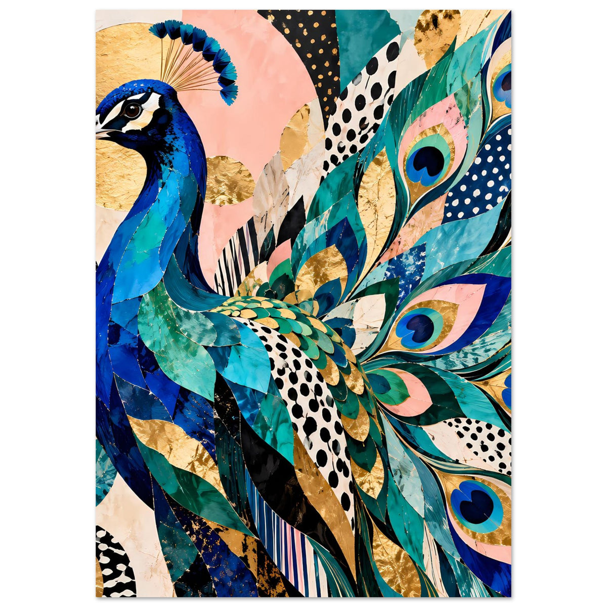 Kunstposter im Hochformat mit Pfau, farbenfrohes Federdesign in Blau, Türkis und Gold.
