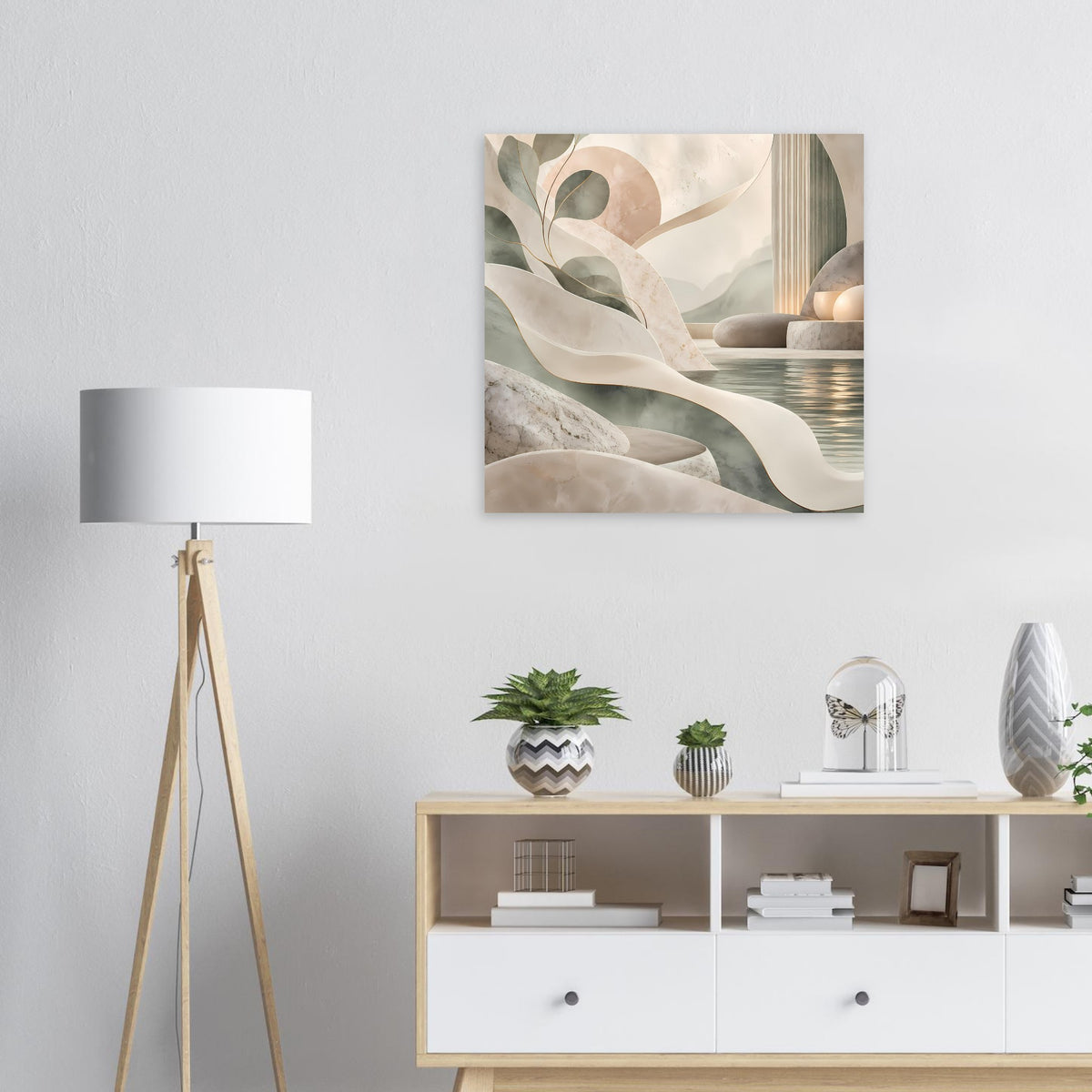 Quadratisches abstraktes Poster mit Sand- und Marmoroptik, beigen und grünen Formen