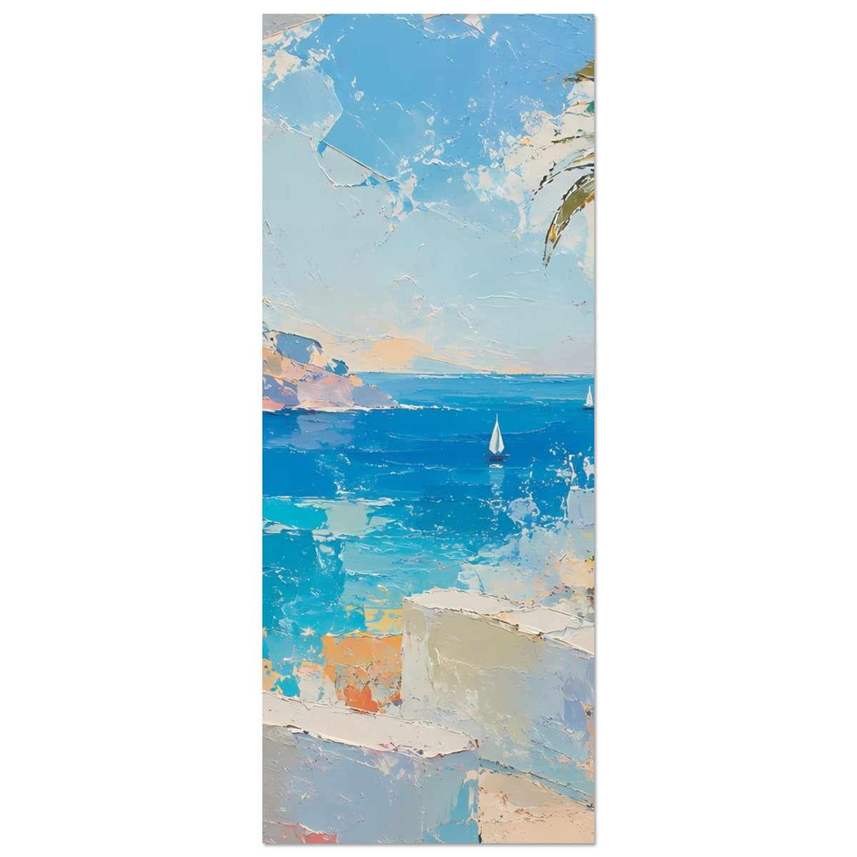 Vertikales Poster: Meerblick mit Palmen rechts und Segelbooten im blauen Wasser