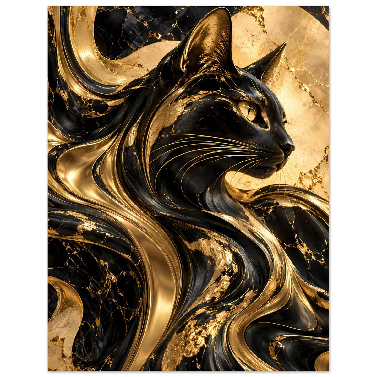 Katze im Gold-und-Schwarz-Poster mit langem Fräsen-Wirbelverlauf und großem Kopfporträt
