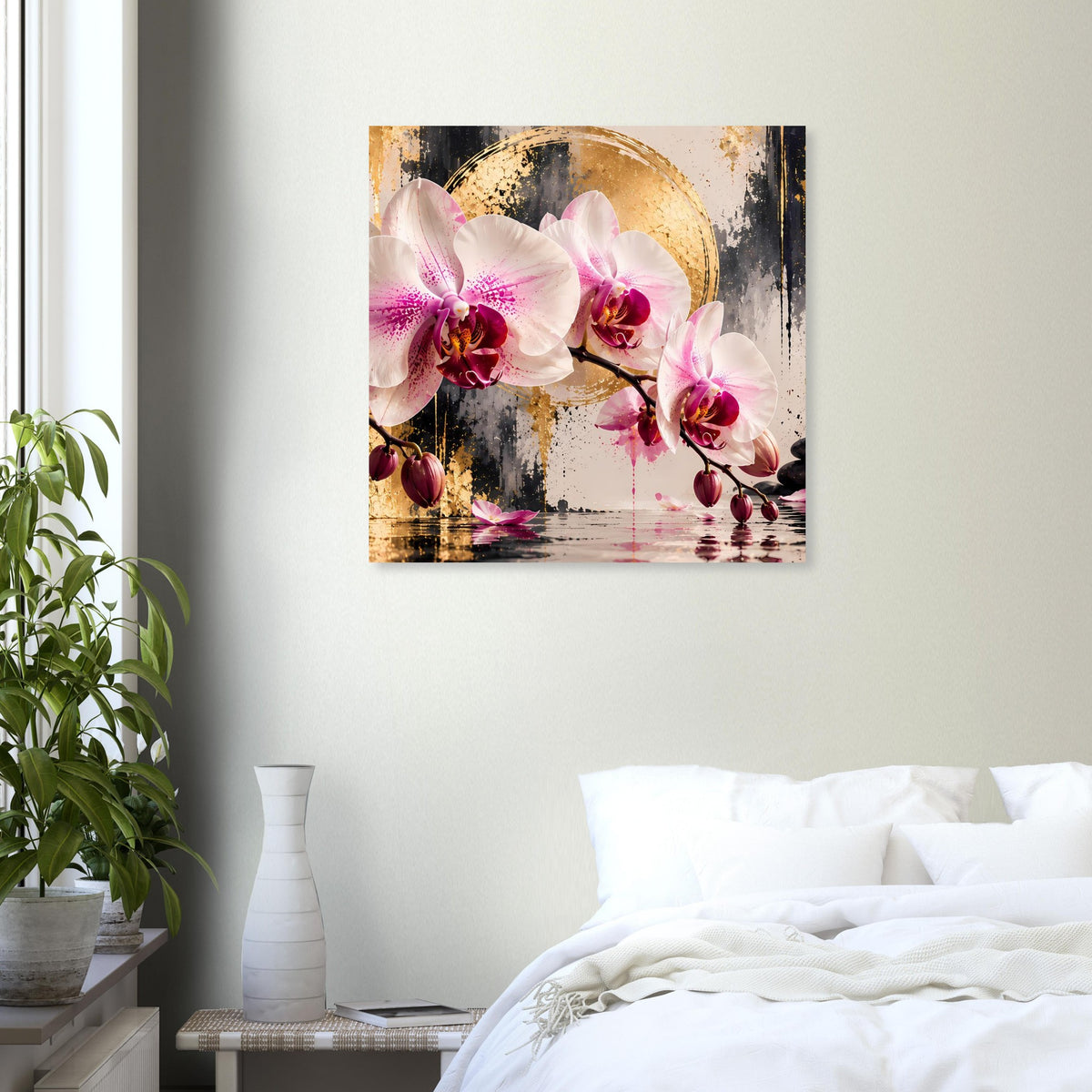 Orchideen-Poster im Querformat mit weißen und pinken Orchideen sowie goldfarbenem Halbkreis