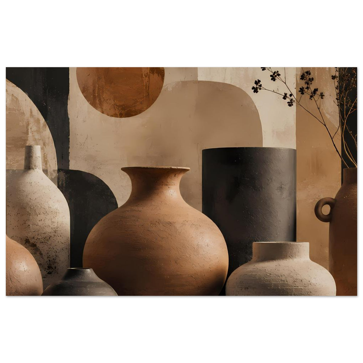Poster mit Keramikvasen: terrakottafarbene Amphoravase, graue und schwarze Vasen, beiger Krug