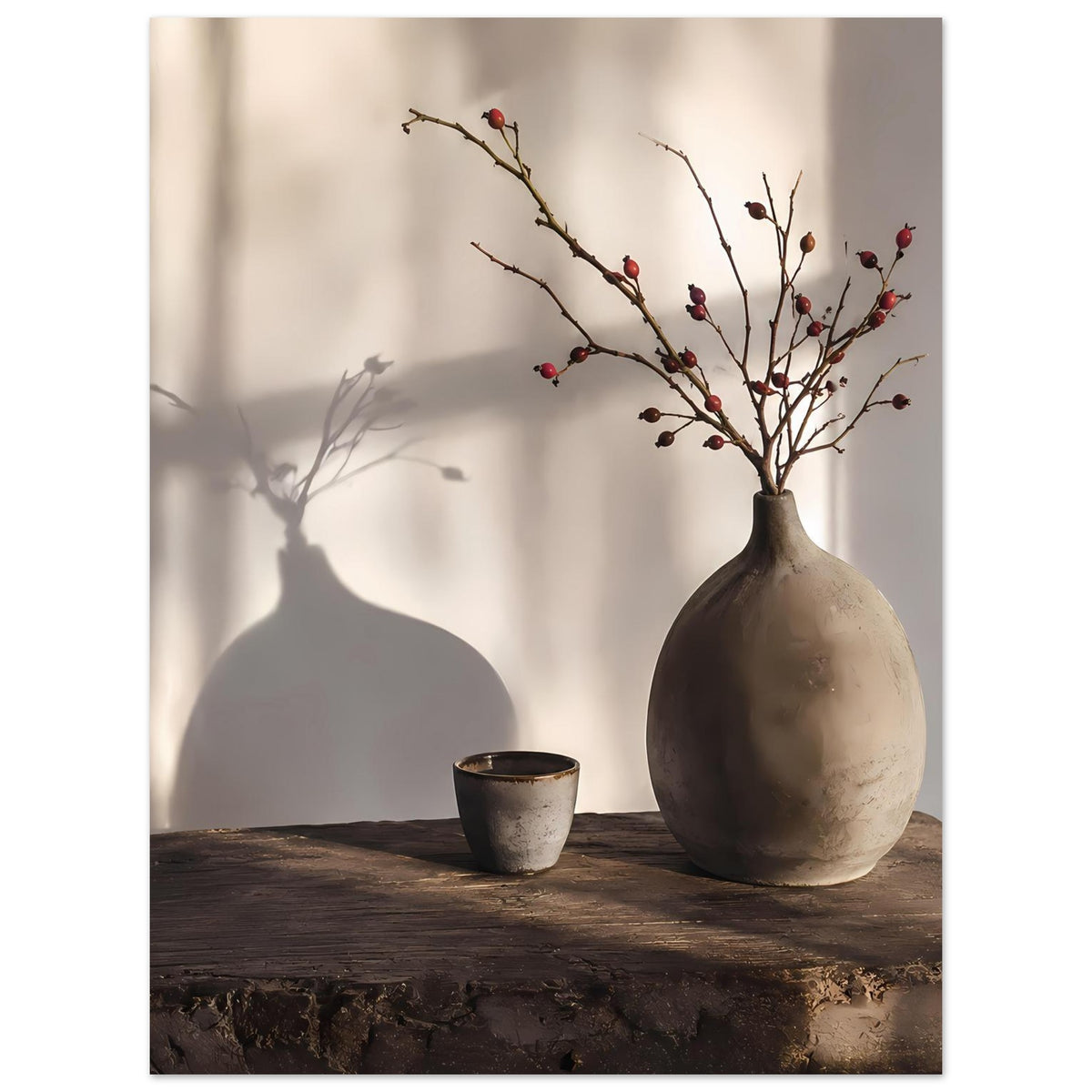 Still-Life-Poster mit Vase und Beerenzweigen sowie Becher auf holzfarbener Fläche