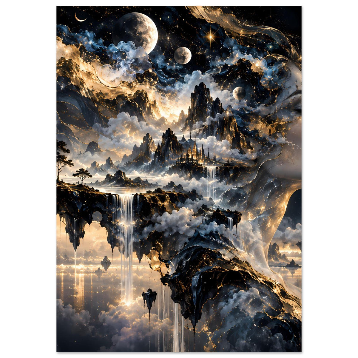 Kosmos-Poster im Hochformat: Profilgesicht mit Monden, Sternen und goldblauen Lichtströmen
