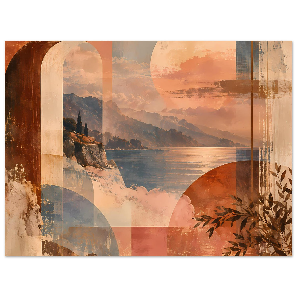 Abstraktes Landschaftsposter mit warmem Himmel, Sonnenkreis, Meer, Bergen, Bögen und Blättern