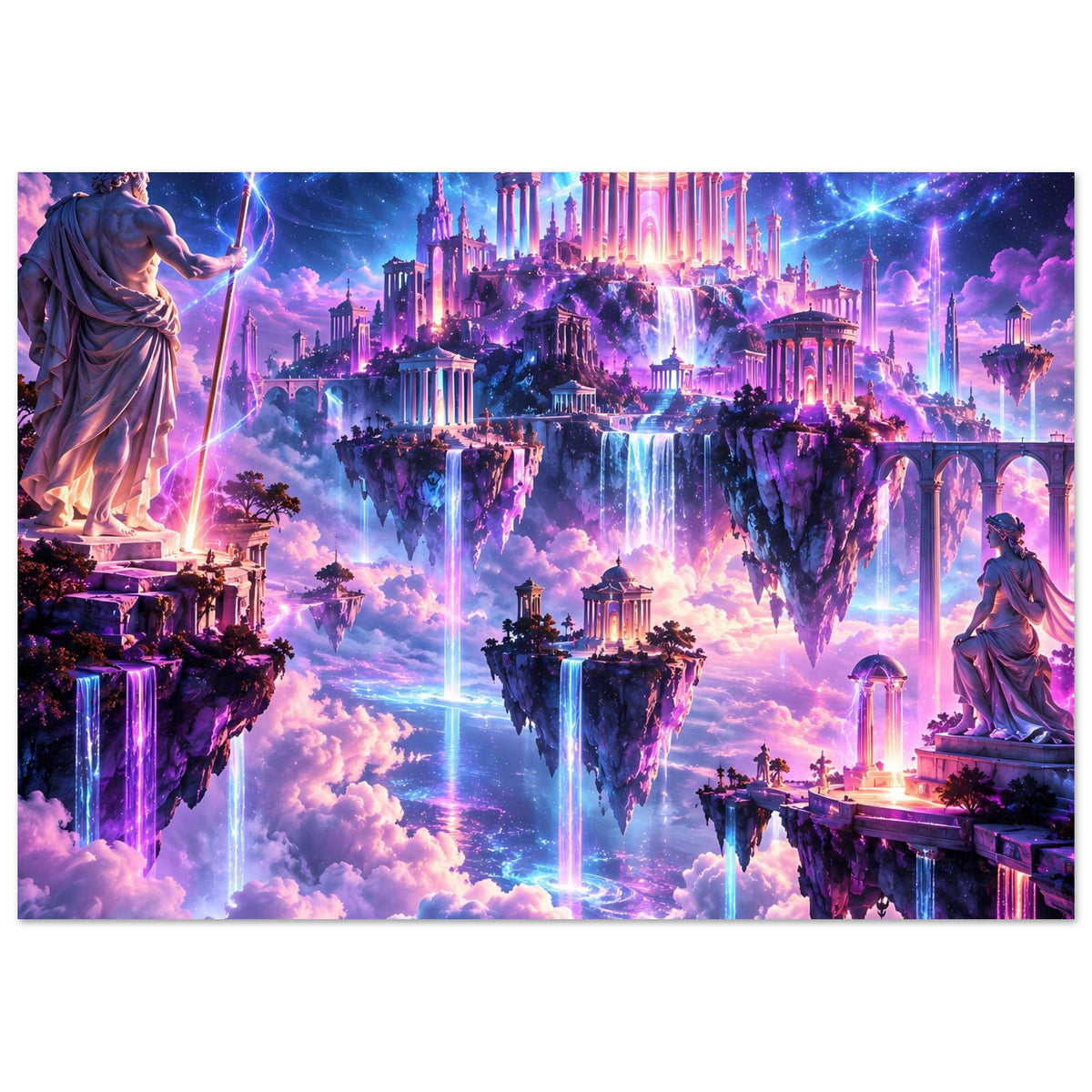Fantasy-Poster: schwebende Tempelinseln über Wolken mit leuchtenden violetten Wasserfällen