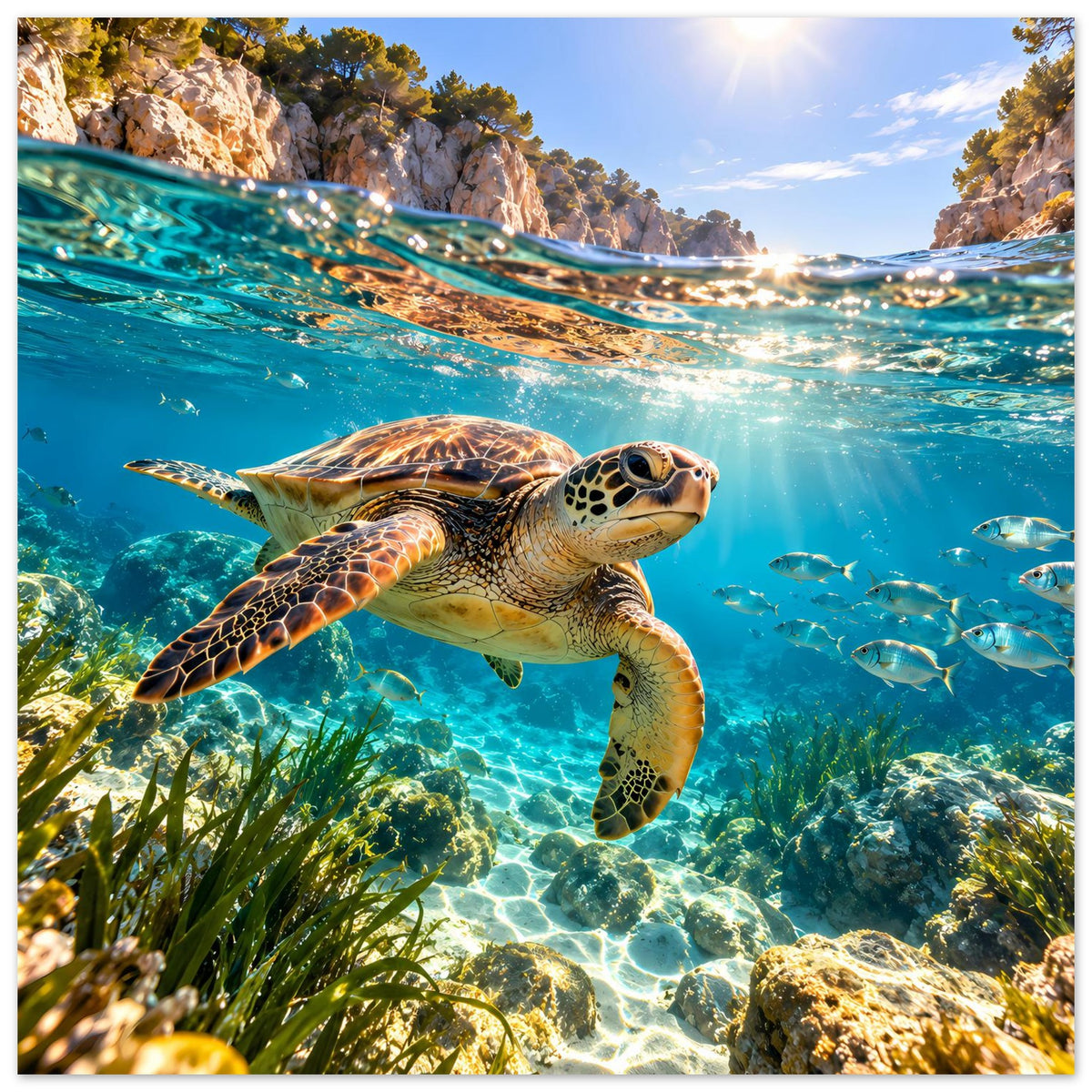 Meeresschildkröten-Premiumposter: Schildkröte im Meer, Fische und Korallen