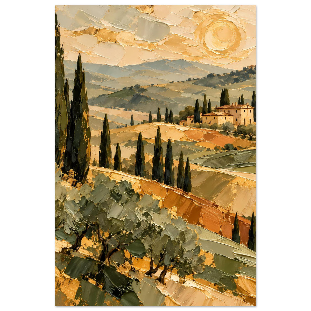 Goldfarbenes Tuscan-Landschafts-Poster, vertikaler Ausschnitt mit Zypressen, Feldern, Himmel