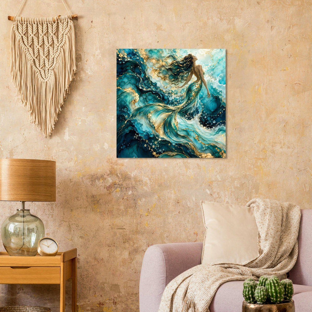 Kunstposter mit Meerjungfrau-Motiv, türkis-goldene Wellen und funkelnde Punkte