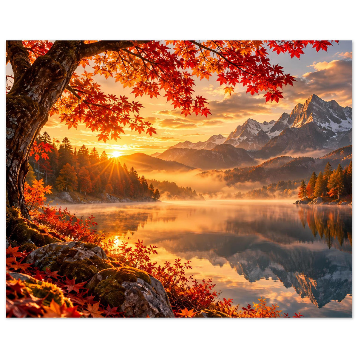 Herbstlandschaft-Poster: rotes Laub am Baum, Sonnenaufgang über Bergkette und spiegelndem See