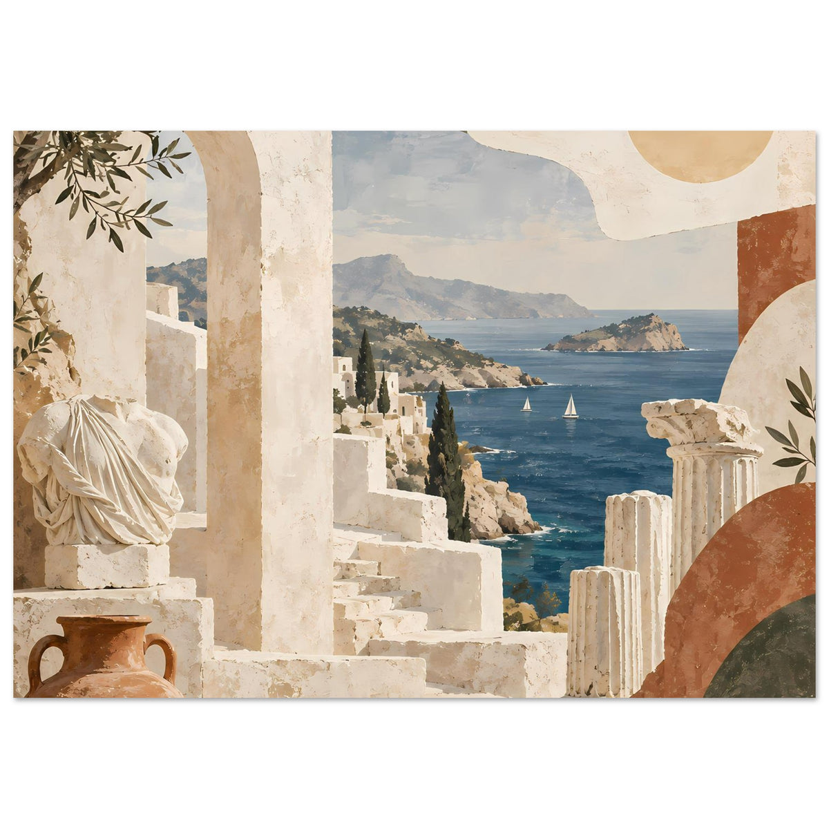 Urlaubs-Poster mit Meerblick, antiken Stufen und Säulen zwischen historischen Mauern